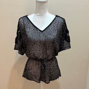 Guess Black Sheer Animal Print V-Neck Blouse